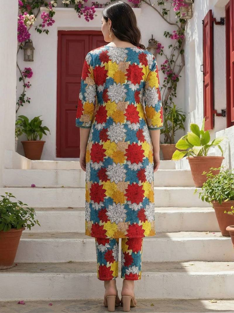 Multicolor women floral printed regular pure cotton kurta with trousers