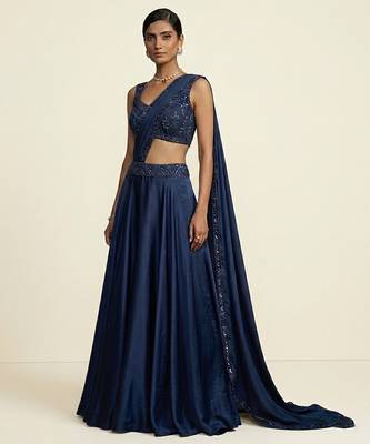 Navy blue embroidered dupion silk draped saree set 1
