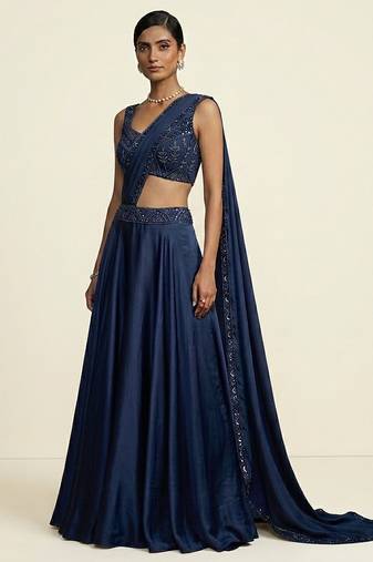 Navy blue embroidered dupion silk draped saree set