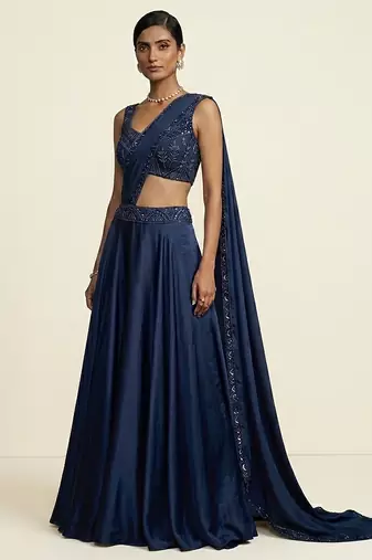 Navy blue embroidered dupion silk draped saree set