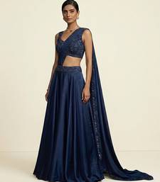 Navy blue embroidered dupion silk draped saree set