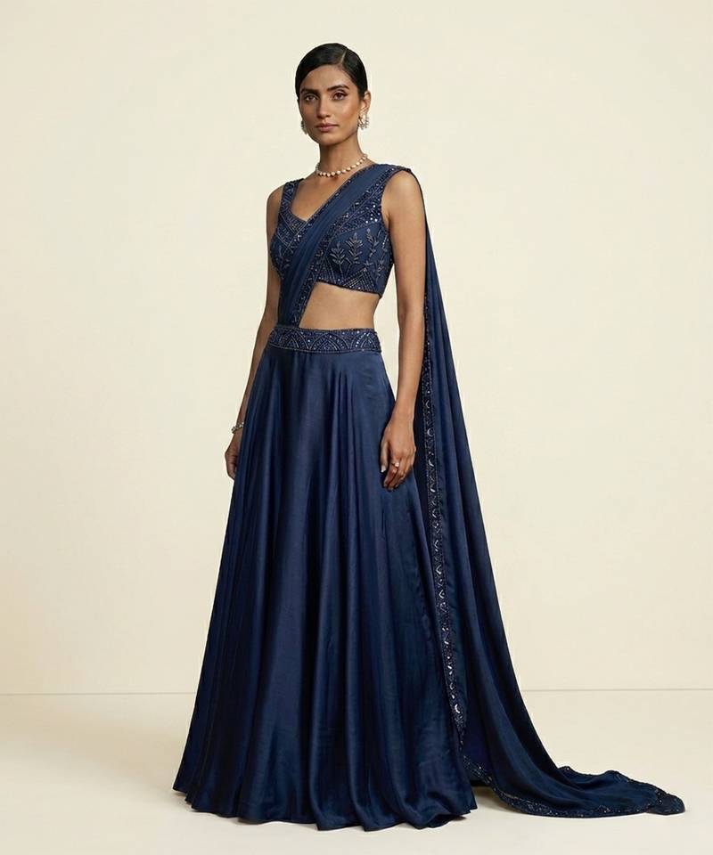 Navy blue embroidered dupion silk draped saree set