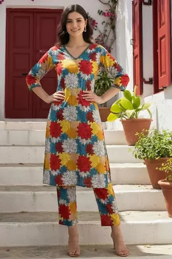 Multicolor women floral printed regular pure cotton kurta with trousers