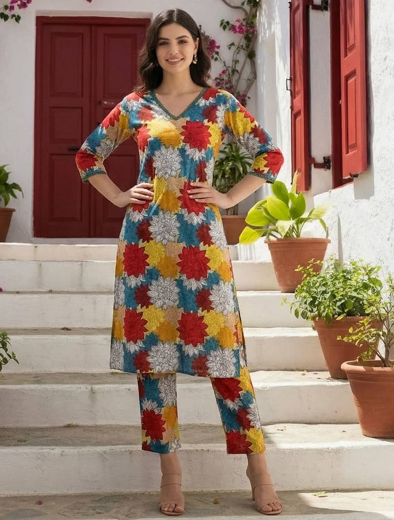 Multicolor women floral printed regular pure cotton kurta with trousers