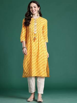 Yellow leheriya printed mirror work cotton kurta 1