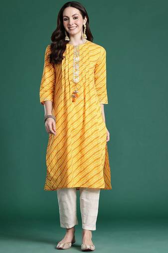 Yellow leheriya printed mirror work pure cotton kurta