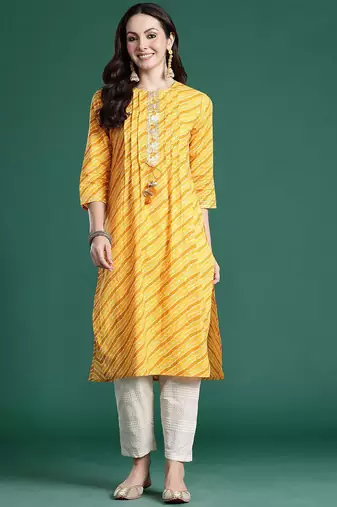 Yellow leheriya printed mirror work pure cotton kurta
