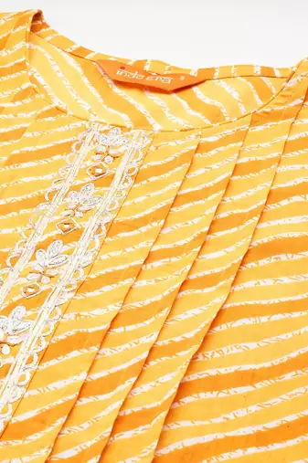 Yellow leheriya printed mirror work pure cotton kurta