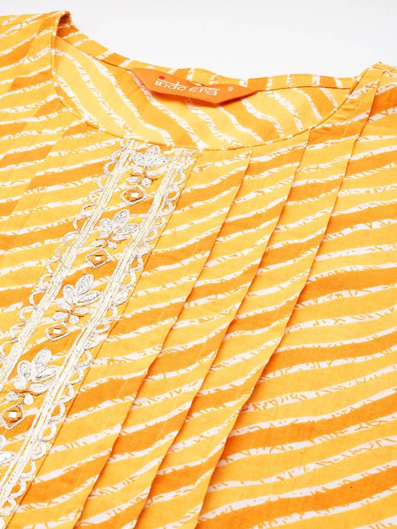 Yellow leheriya printed mirror work pure cotton kurta