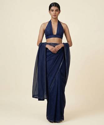 Navy blue mirror embroidered organza saree set 1