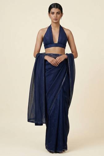 Navy blue mirror embroidered organza saree set