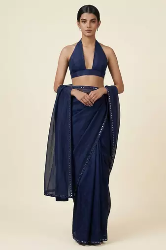 Navy blue mirror embroidered organza saree set