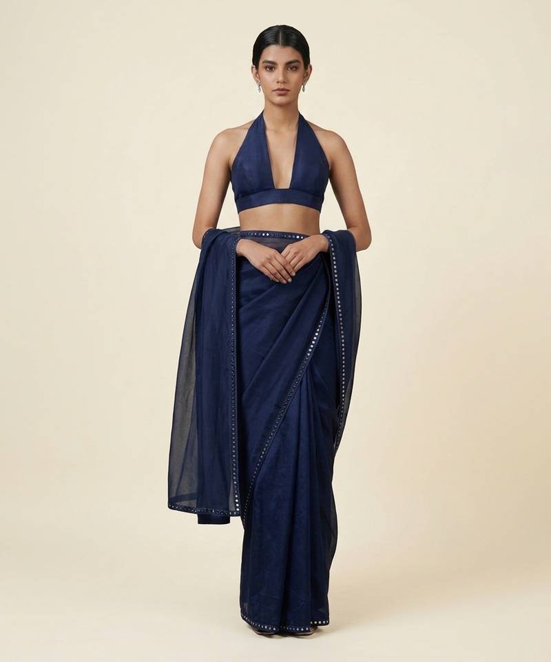 Navy blue mirror embroidered organza saree set