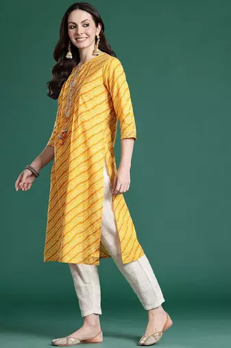 Yellow leheriya printed mirror work pure cotton kurta