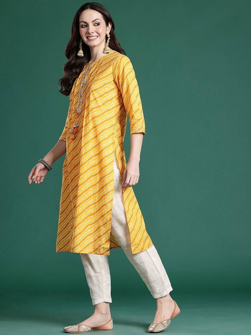 Yellow leheriya printed mirror work pure cotton kurta
