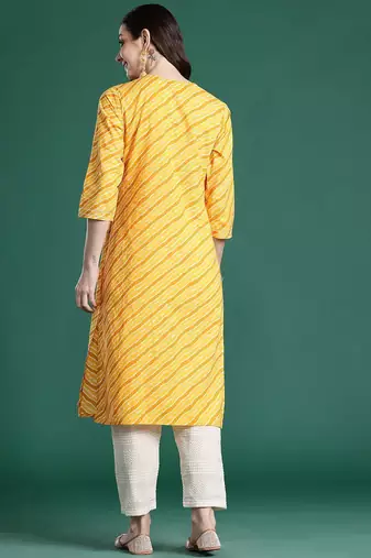 Yellow leheriya printed mirror work pure cotton kurta