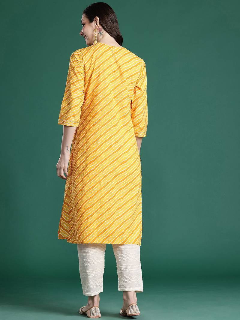 Yellow leheriya printed mirror work pure cotton kurta