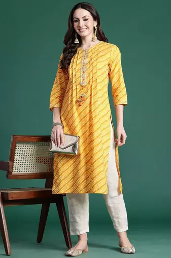 Yellow leheriya printed mirror work pure cotton kurta