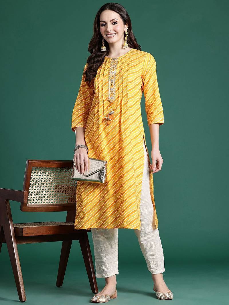 Yellow leheriya printed mirror work pure cotton kurta