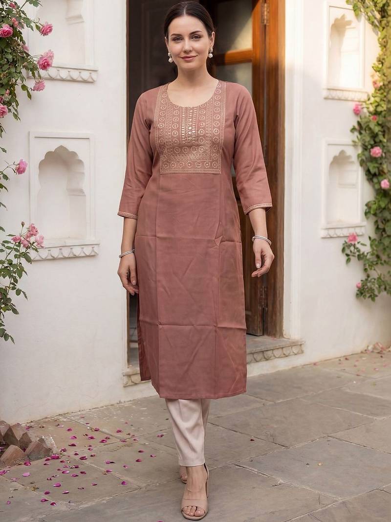 Brown women floral embroidered sequinned floral kurta