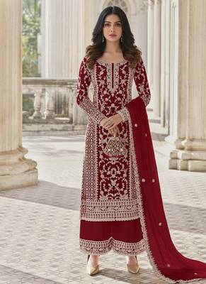 Burgundy color girlie butterfly net ceremonial salwar kameez for glamorous looks 1