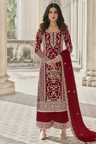 Burgundy color girlie butterfly net ceremonial salwar kameez for glamorous looks
