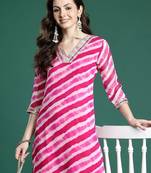 Pink women leheriya printed mirror work kurta