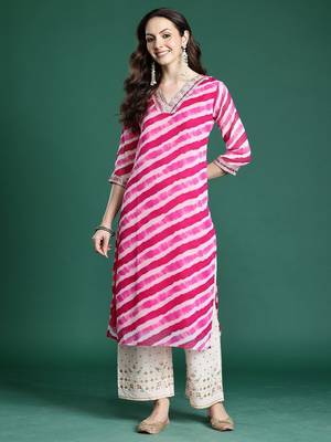 Pink women leheriya printed mirror work kurta 2