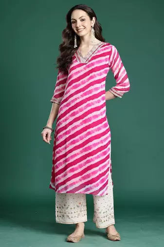 Pink women leheriya printed mirror work kurta