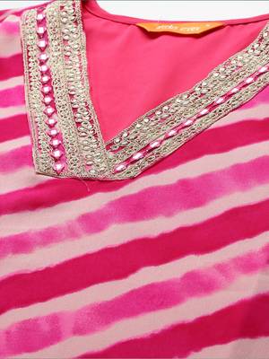 Pink women leheriya printed mirror work kurta 3