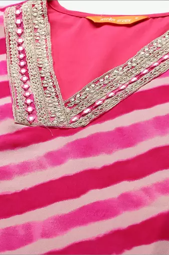 Pink women leheriya printed mirror work kurta