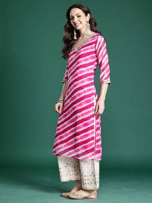 Pink women leheriya printed mirror work kurta 4