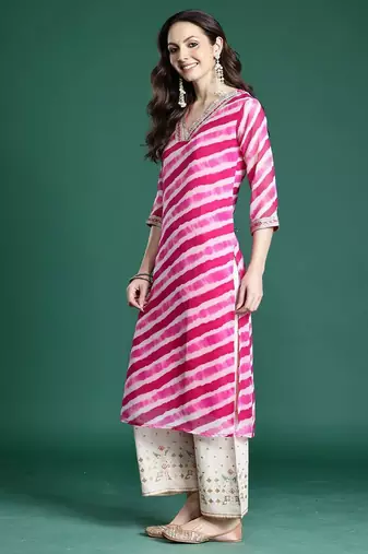 Pink women leheriya printed mirror work kurta