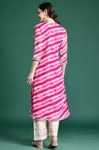 Pink women leheriya printed mirror work kurta