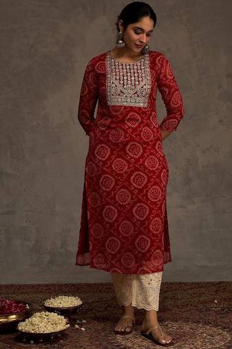 Red women leheriya printed screen print festive straight kurta