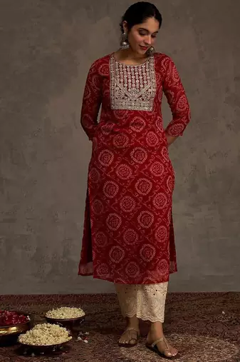 Red women leheriya printed screen print festive straight kurta