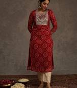 Red women leheriya printed screen print festive straight kurta