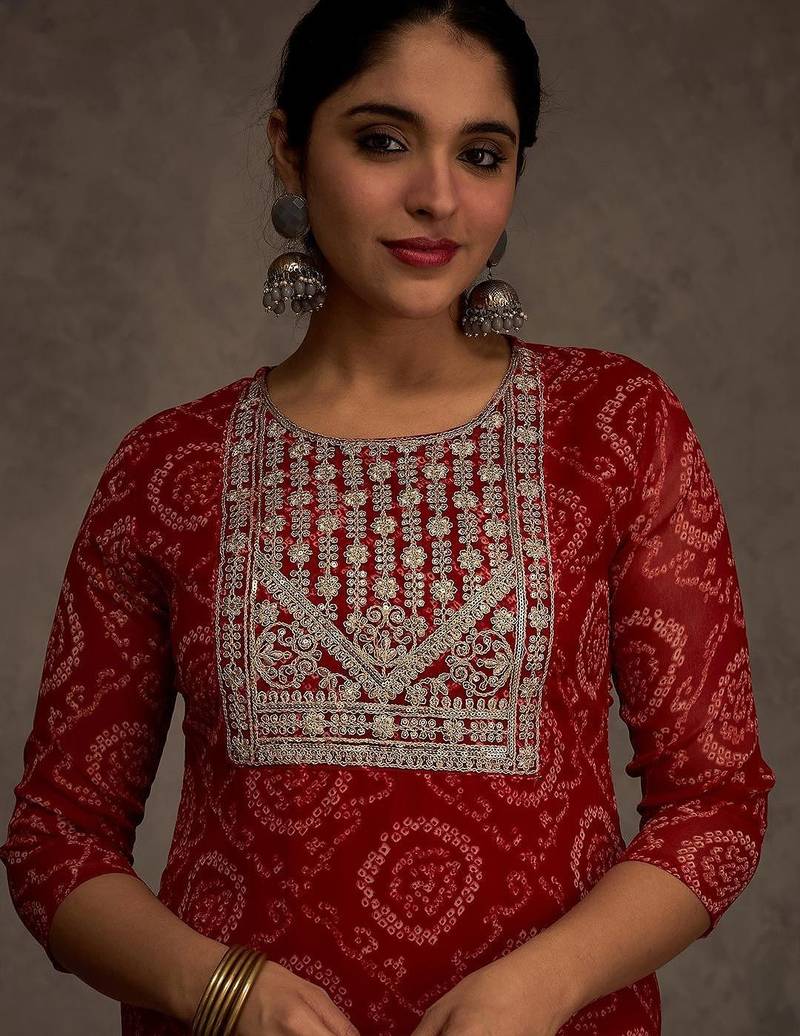 Red women leheriya printed screen print festive straight kurta
