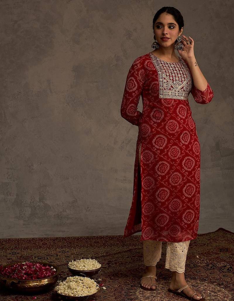 Red women leheriya printed screen print festive straight kurta