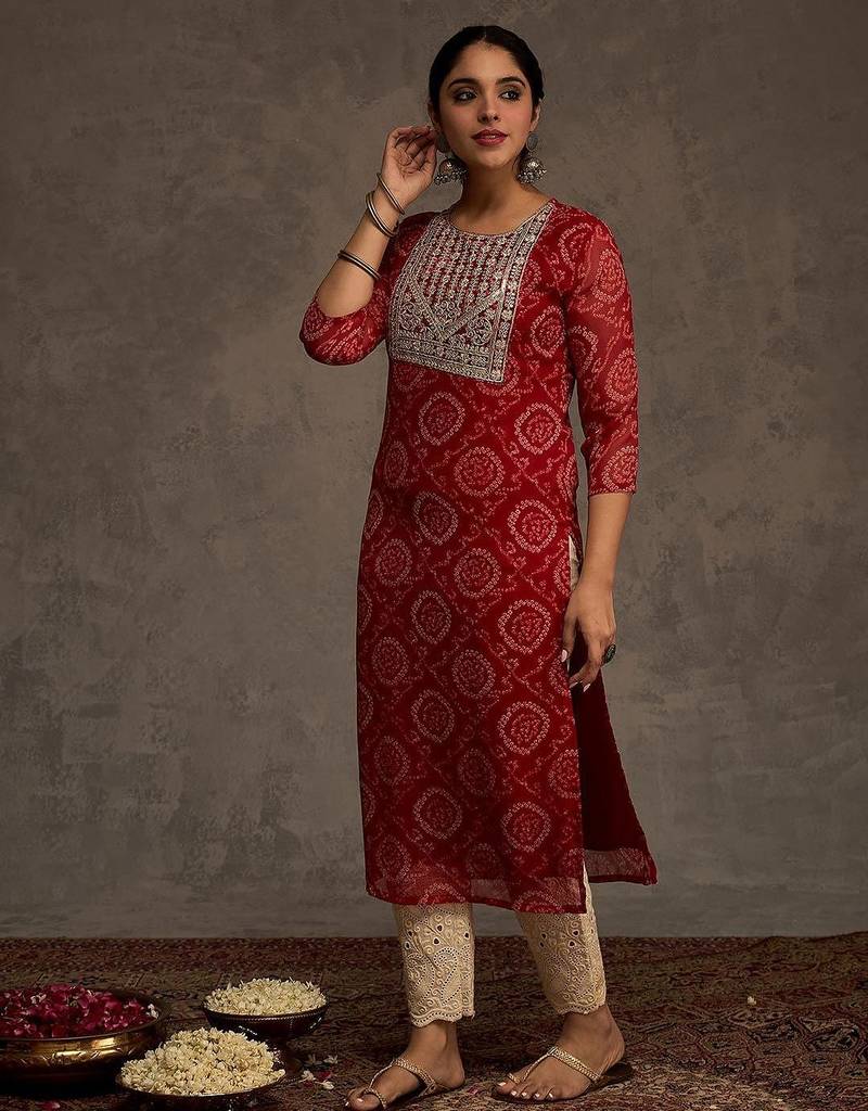 Red women leheriya printed screen print festive straight kurta