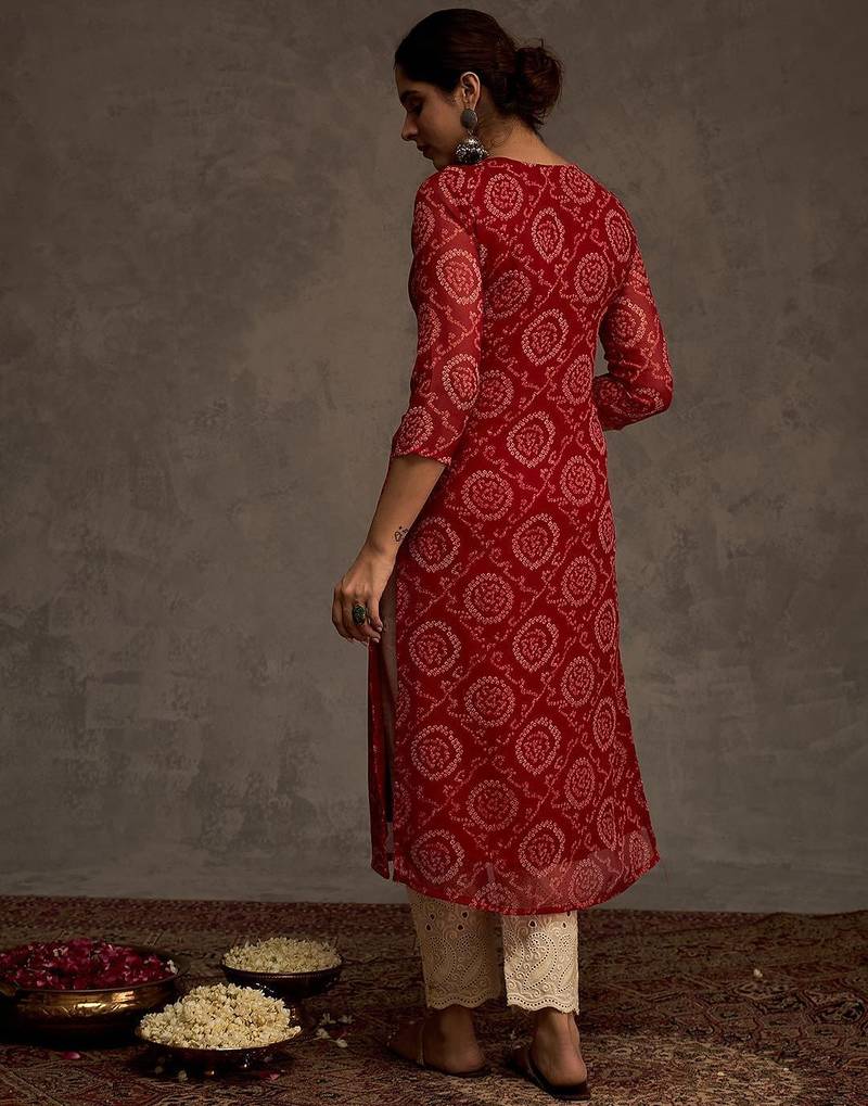 Red women leheriya printed screen print festive straight kurta