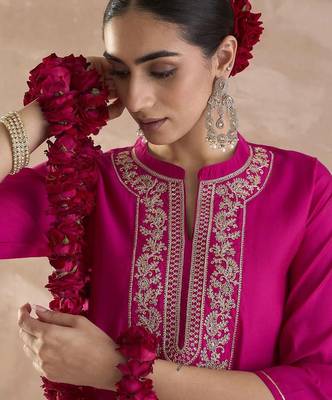 Pink floral embroidered zari work straight kurta 2