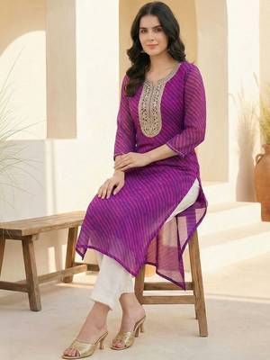 Purple women leheriya printed sequinned georgette kurta 1