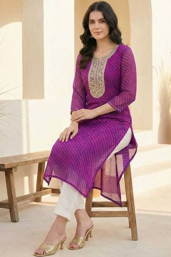 Purple women leheriya printed sequinned georgette kurta