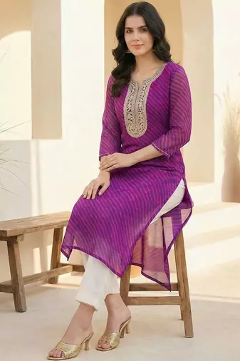 Purple women leheriya printed sequinned georgette kurta