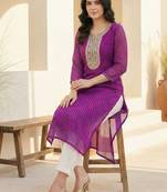 Purple women leheriya printed sequinned georgette kurta
