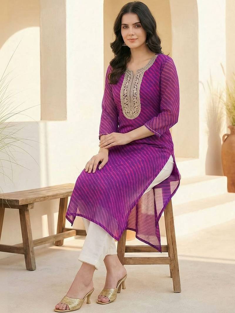 Purple women leheriya printed sequinned georgette kurta