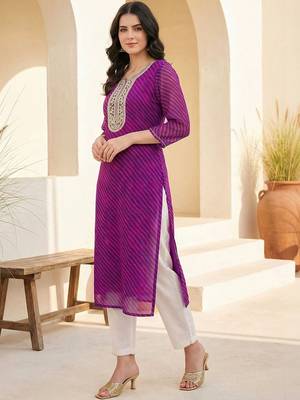 Purple women leheriya printed sequinned georgette kurta 2
