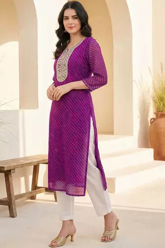 Purple women leheriya printed sequinned georgette kurta