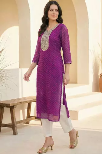Purple women leheriya printed sequinned georgette kurta